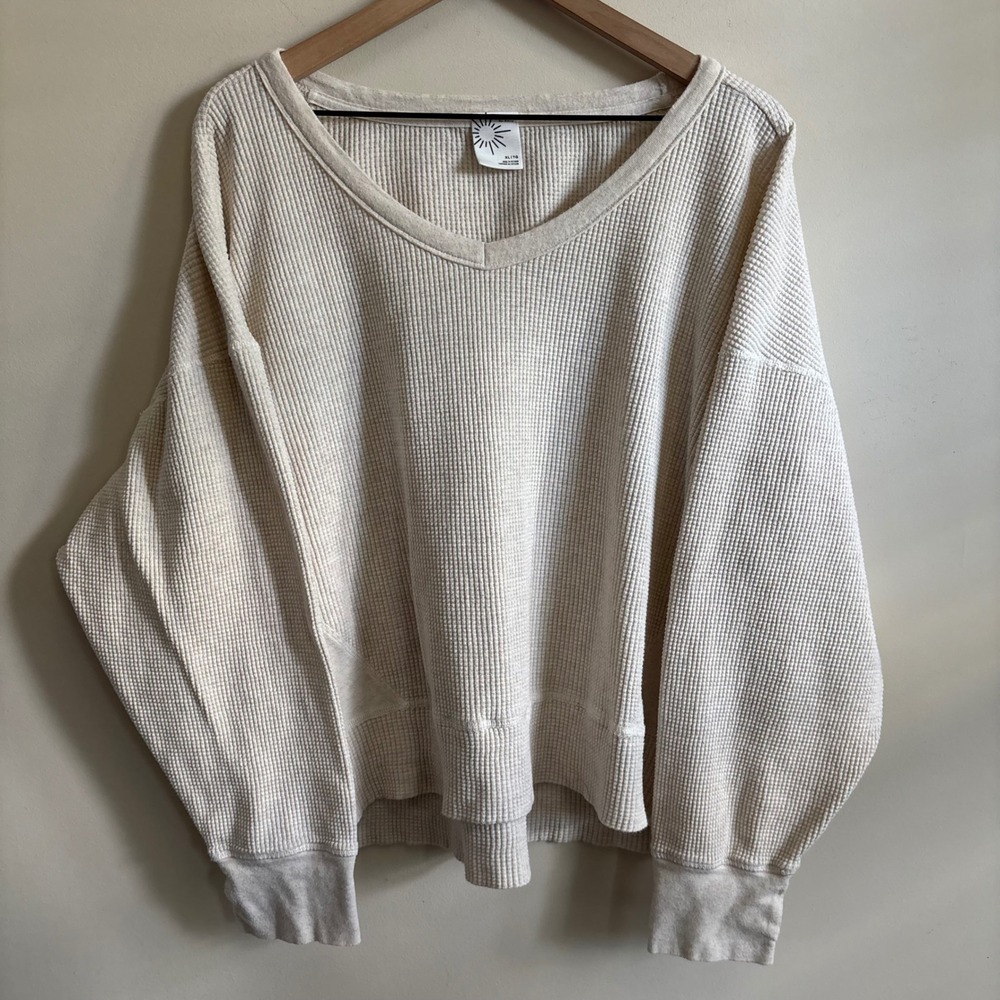 Aerie Waffle Knit V-Neck Pullover Cream Oatmeal Oversized Thumbhole Top XL